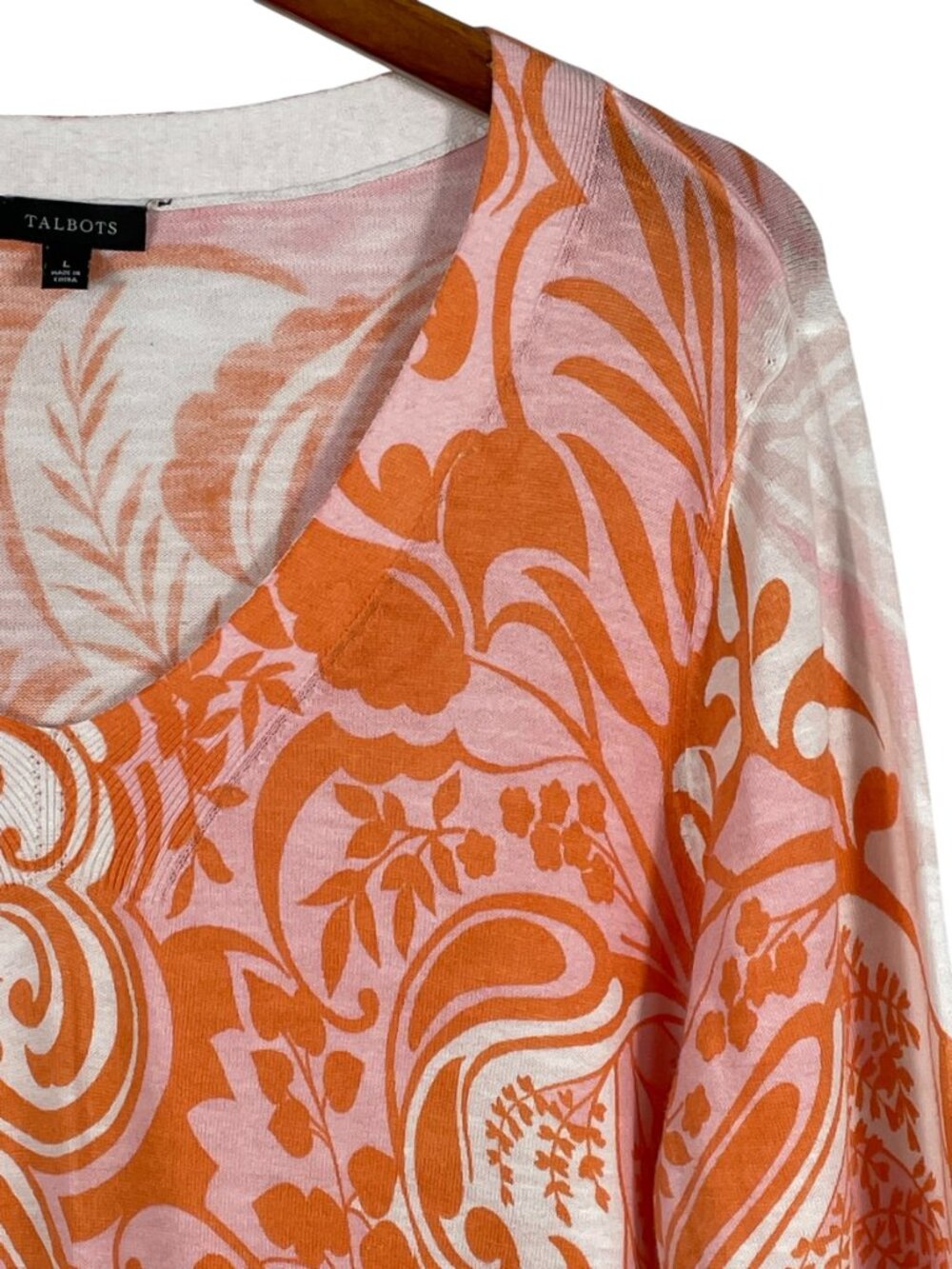 Talbots Pink Orange Paisley Floral 100% Cotton Lightweight Sweater Tunic Top L - Picture 5 of 11